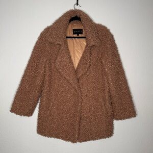 Shaci Coat Teddy Camel Brown Faux Fur Spread Collar Pockets Lined Size S